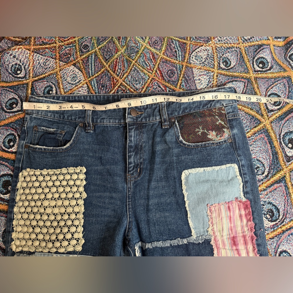 Free People Patchwork Plaid Tapestry Distressed Blue Jeans Boho Frayed Grunge - Picture 7 of 9